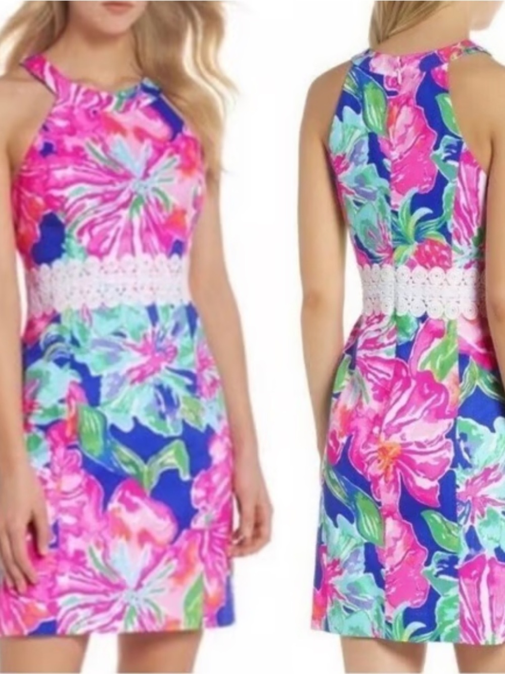 Lilly Pulitzer Hot Pink & Blue Floral Halter Dress with Crochet Waist